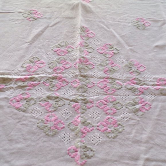 Vintage Handmade Draw Thread Tablecloth Crochet Embroidery 96" x 63"  2891 - Picture 3 of 8